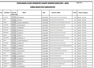 தமிழ்நாடு முதலமைச்சர் திறனாய்வு தேர்வில் வெற்றி பெற்ற 500 மாணவிகள் விவரம் - மாவட்டம்& பள்ளியின் பெயர் வெளியீடு  - PDF - GIRLS SELECTED CANDIDATES