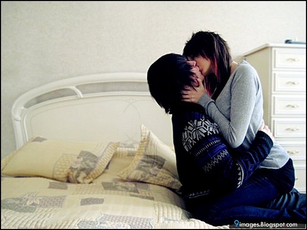 Kiss, emo-couple hug, love, bed