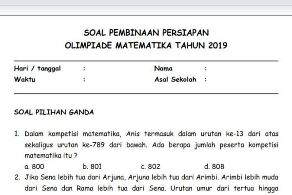 Soal Pembinaan Olimpiade Matematika Sd Level Mudah