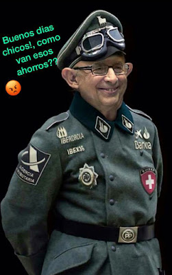 Montoro con un uniforme tipo SS pero con insignias del PP, Santander, Iberdrola ...