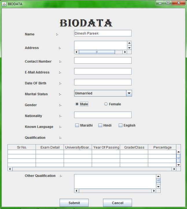 Dinesh Pareek: Java Program for Biodata Screen