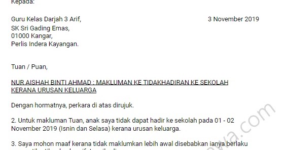 Contoh Surat Rasmi Tidak Hadir Ke Sekolah Kerana Datuk Meninggal