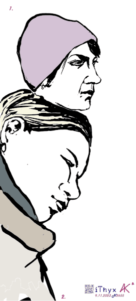 Два женских наброска: 1. Женщина в лиловой шапочке с окрашенными в каштановый цвет волосами; 2. Молодая блондинка в бежевой куртке, дремлющая на плече своего мужчины. Автор рисунка: художник #iThyx