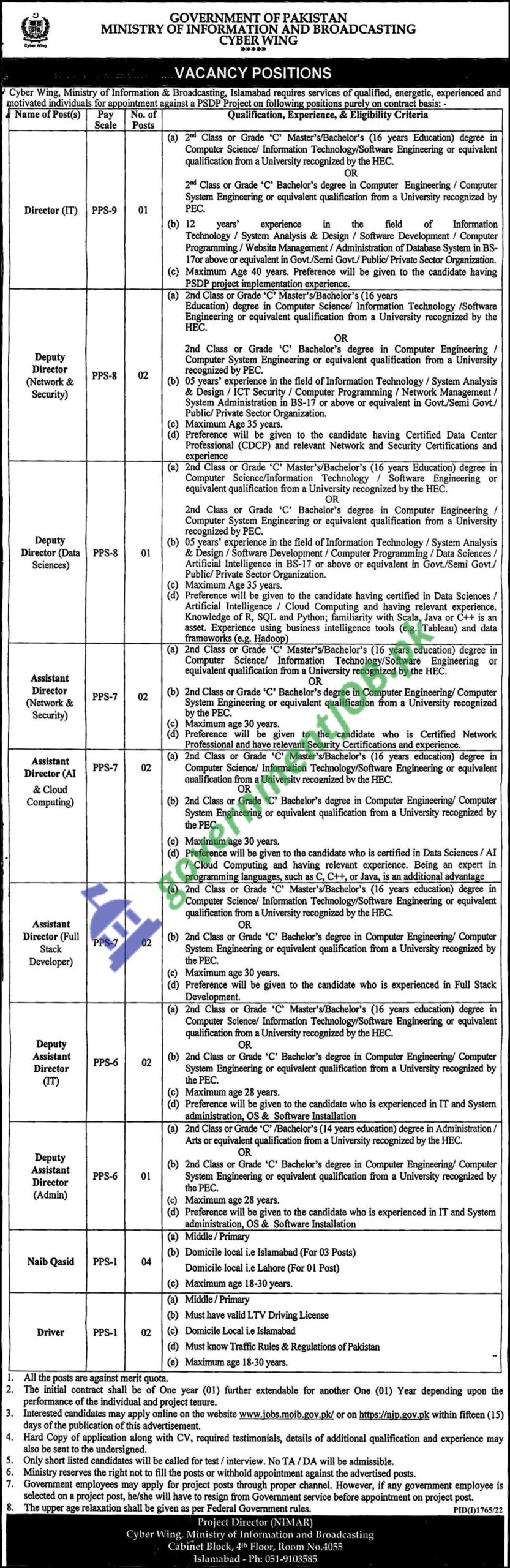 Ministry of Information & Broadcasting Jobs 2022 – MOIB Cyber Wing