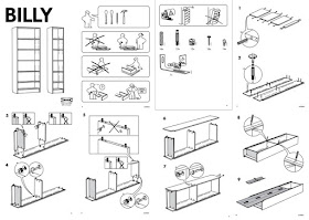 ikea-instructions Diagrama en varios pasos con las complejas instrucciones para montar un mueble de Ikea