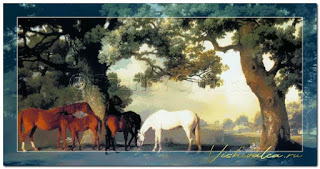 Download cross stitch scheme STU001 "Mares and Foals Beneath Large Oak Trees" Scarlet Quince