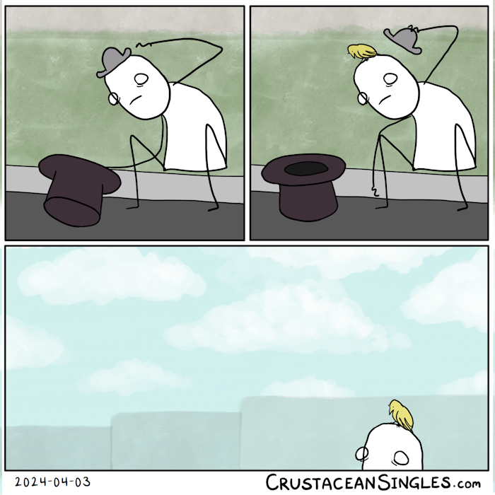 Panel 1 of 3: Orlo Cube removes the top hat. Under it, a smaller bowler hat remains on his head. Panel 2 of 3: Orlo removes the second, inner hat, under which is a bright yellow bird. Panel 3 of 3: We see Orlo from the eyes up, head raised for the first time in a long time, the bird still perched atop his head as he looks up over the grey blocky buildings of the studio lot and into a slightly green-blue sky with fluffy clouds.