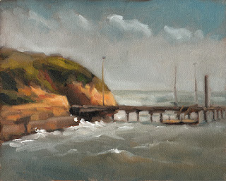 Landscape oil painting of a short pier extending from nearby limestone cliffs into a stormy sea.