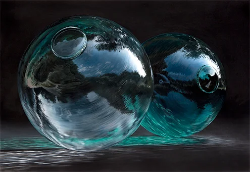 "Glass spheres" (Esferas de vidrio), por Johannes Wessmark, Acrílico y óleo sobre lienzo, Hiperrealismo, 20 x 29 in - 50 x 73 cm, Colección particular