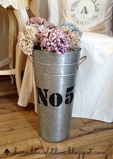 Stenciled galvanized French flower bucket