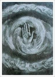 Imagen de mano con ojo en la palma saliendo de un huracan o tormenta pintura Khalil Gibran