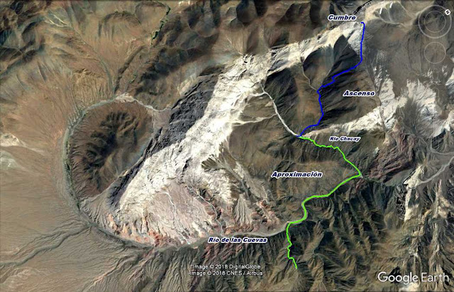 ruta, aproximacion, cerro, santa rosa, blanco de cuevas, rio chacay, rio de las cuevas, pampa de los ratones