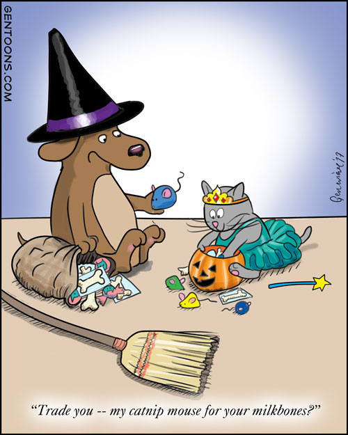 dog and cat dressed in costumes, going through their halloween candy.