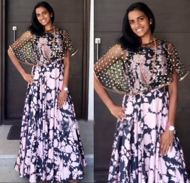 P.V.Sindhu in Mrunalini Rao in Old Rose Black Print Cape Dress