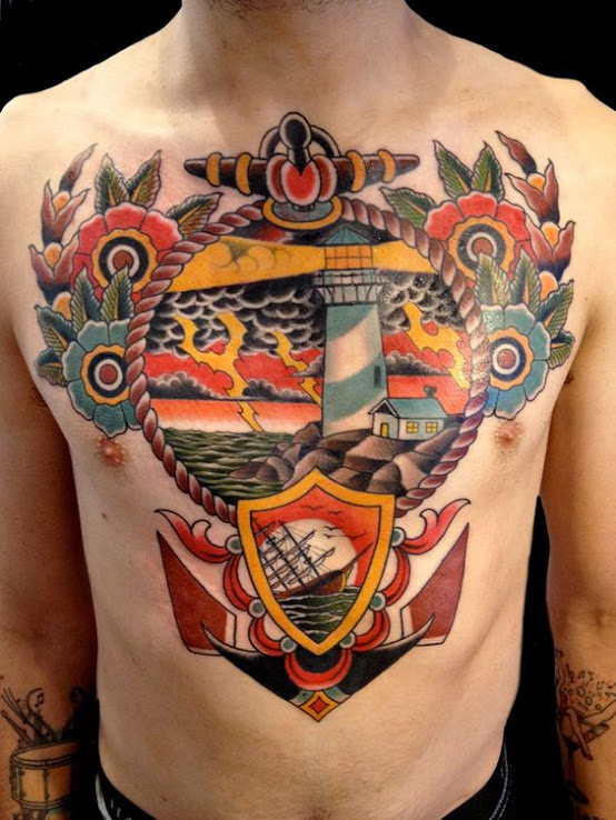 Anchor-with-light-house-and-caravel-chest-tattoo