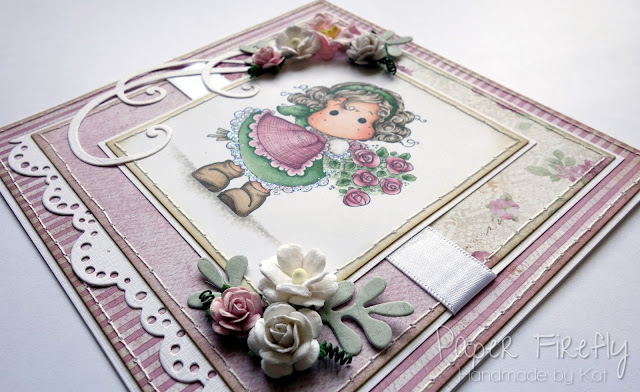 Floral pink handmade card featuring Tilda hiding rose bouquet by Magnolia Rubberstamps