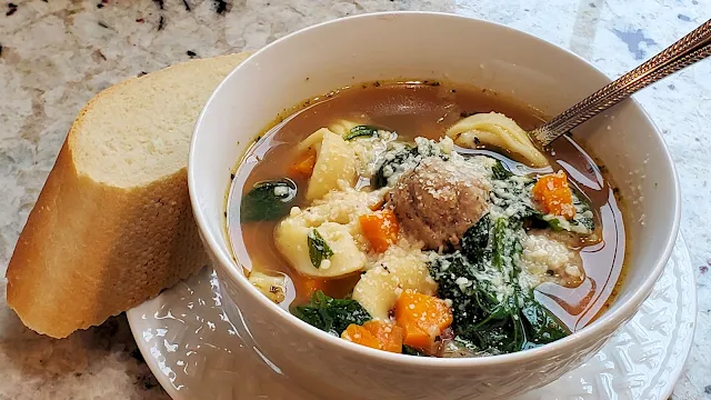 Tortellini and meatball soup inspired by Italian Wedding soup.