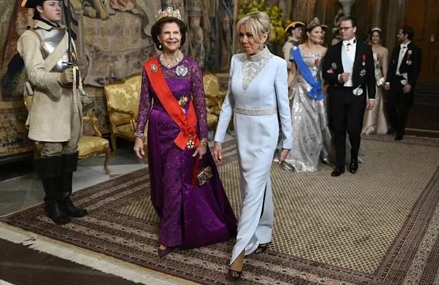 Queen Silvia, Brigitte Macron, Emmanuel Macron, Crown Princess Victoria and Princess Sofia. Diamond tiara, grey gown