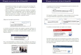 Captura de la guía con ejemplos de titulares correctos e incorrectos: El grito de auxilio de los dependientes frente a La Comunidad destina 1,2 millones a la atención de la dependencia en 2018; Discapacitados con derecho al orgasmo, Pillan a un discapacitado circulando sin carné, Solidaridad con los minusválidos, El TS revoca el desahucio de un minusválido o El rey tartaja; frente a Las personas con discapacidad intelectual toman la palabra en el Congreso de los Diputados