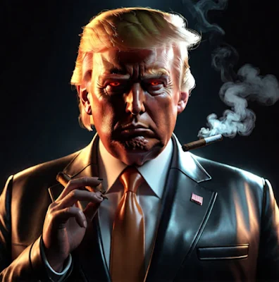 Donald Trump wearing a black leather blazer with red glowing eyes smoking cigar