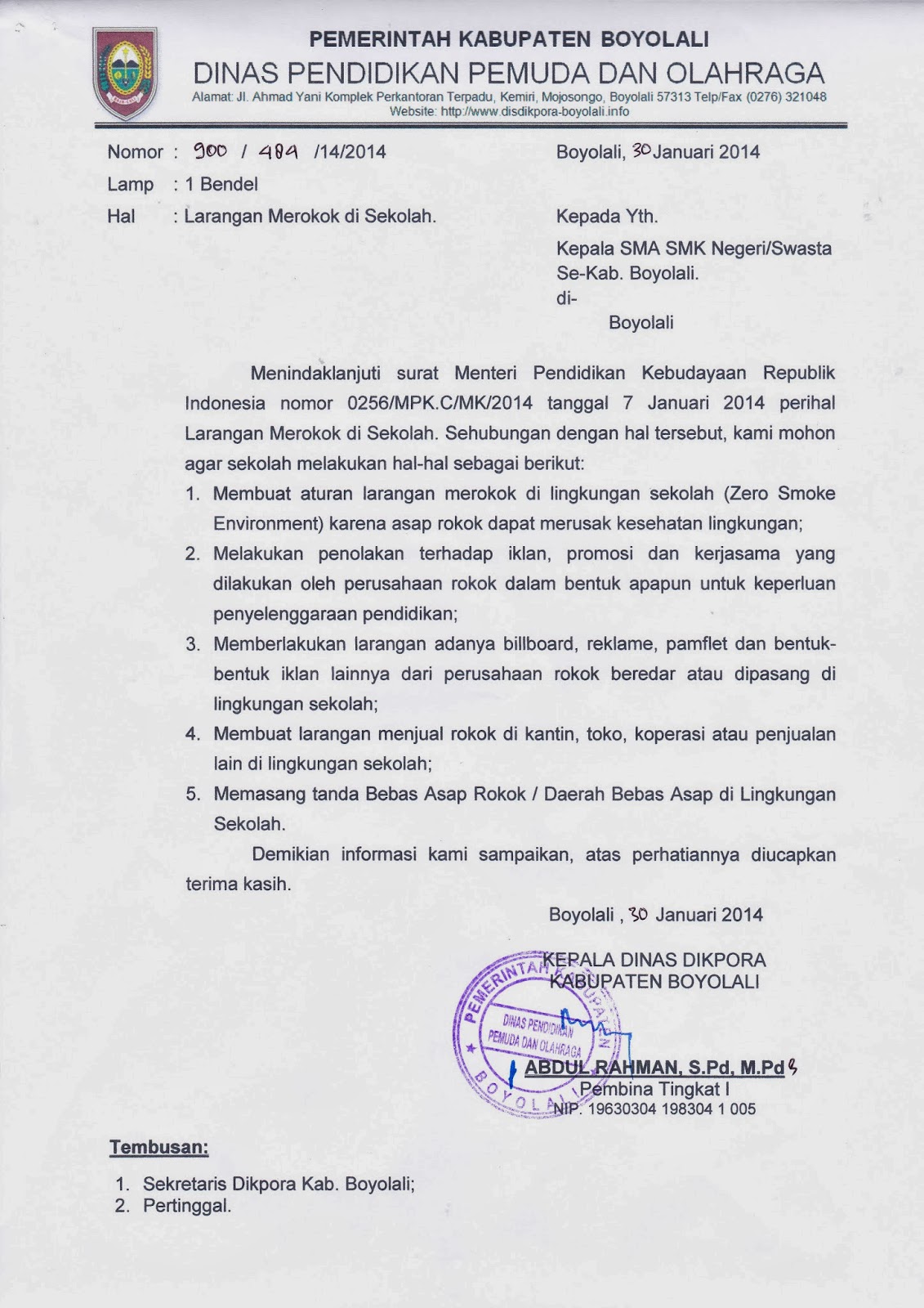 Contoh Surat Himbauan Larangan Merokok Contoh Surat