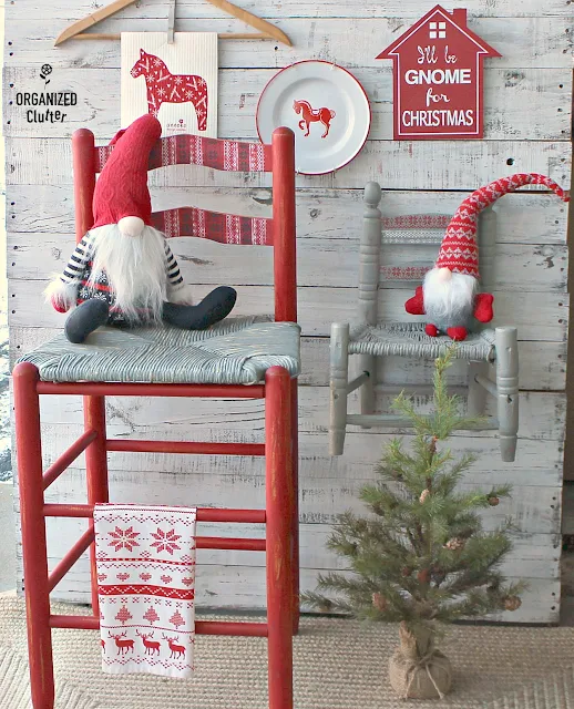 A Nordic Thrift Shop Stool Makeover and Nordic Themed Decor #stencil #gnomes #tomte #nisse #NordicChristmas #dalahorse #upcycle #thriftshopmakeover #milkpaint