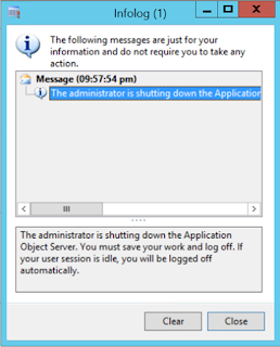 Screenshot of infolog alerting users that the AOS is being shut down by the administrator.
