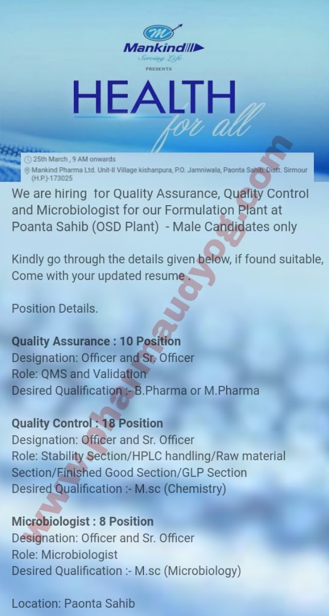 Mankind Pharma | Walk-in for Quality Assurance/Quality Control | 25 March 2019 | Poanta Sahib 