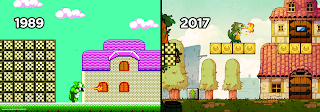 Wonderboy Dragon quest from gamegear and modern version of the game showing dragon with fire blowing and green coloured house in each photo plus 1989 and 2017 and difference between old and modern game