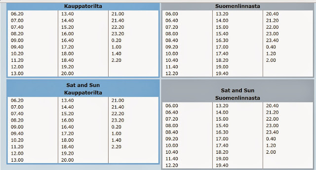 Suomenlinna, 芬蘭堡, ferry timetable