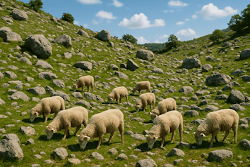 ai photo of sheep herd grazing on mountaineous terrain