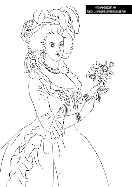 A coloring page based on Élisabeth Vigée Le Brun's painting of Queen Marie Antoinette / Värityskuva, joka perustuu Élisabeth Vigée Le Brunin maalaukseen kuningatar Marie Antoinettesta