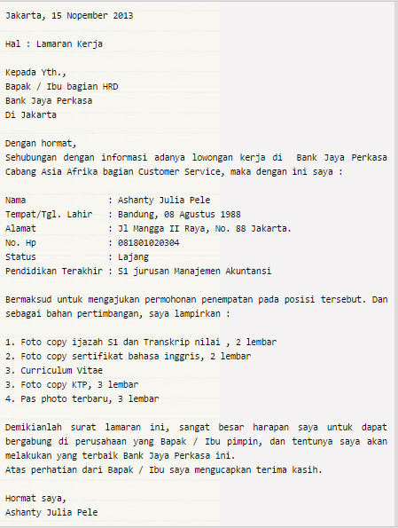 Contoh Membuat Surat Lamaran Kerja Bank Dan CPNS Terbaru