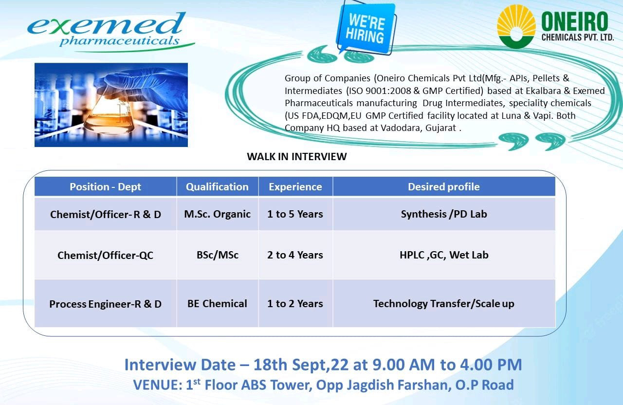 Job Available's for Oneiro Chemicals Pvt Ltd Walk-In Interview for BSc/ MSc Organic Chemistry/ BE Chemical