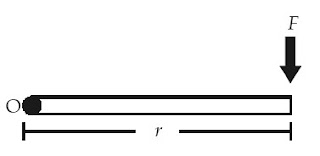Sebuah batang dikenai gaya sebesar F yang tegak lurus terhadap batang dan berjarak sejauh r terhadap titik tumpu O. Batang tersebut memiliki momen gaya τ =r×F
