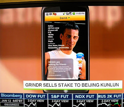 GRINDR gay date app shown on Bloomberg West cable TV business news show Jan. 12, 2016 3:07PM PT