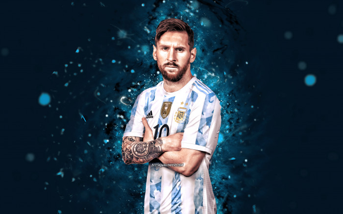تحميل خلفيات 4k، ليونيل ميسي، 2022، الأرجنتين فريق كرة القدم الوطني، ليو ميسي، أضواء النيون الزرقاء، نجوم كرة القدم، كرة القدم، ميسي، المنتخب الأرجنتيني، ليونيل ميسي 4K عريضة ... 3840x2400.  جودة عالية