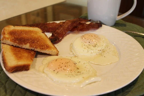 Spiced bacon and eggs for breakfast.