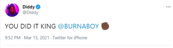 ‘YOU DID IT KING’ - Diddy Congratulates Burna Boy On The Grammys