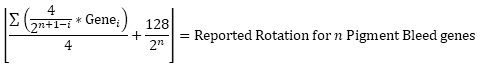 Floor(((Sum((4/(2^(n+1-i)))*GENEi))/4)+(128/(2^n))) = reported rotation for n bleed genes