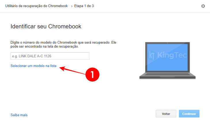 Tela de seleção do modelo do ChromeOS Flex no instalador