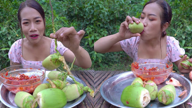 Fresh young coconut fruit eating with red chili and salt sauce is soft taste and sweet