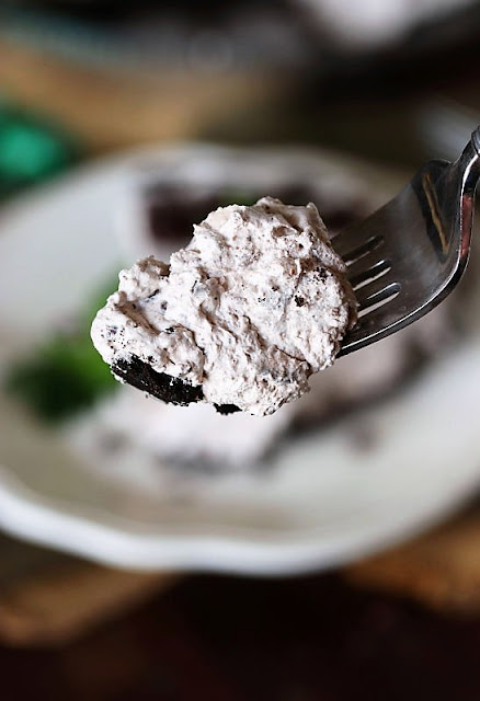 Bite of No-Bake Mint Chocolate Chip Pie On a Fork Image