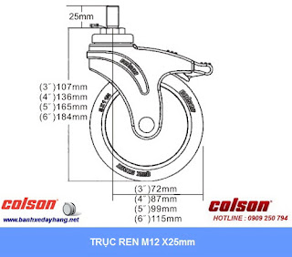 Kích thước Bánh xe cao su càng nhựa ty ren M12 Colson phi 150 | STO-6854-448 sử dụng ổ bi