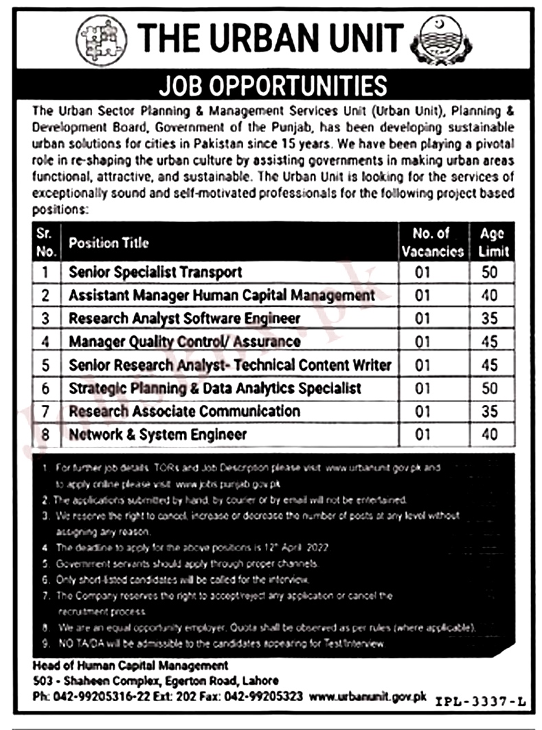Punjab Government New Jobs in The Urban Unit – Apply at www.urbanunit.gov.pk
