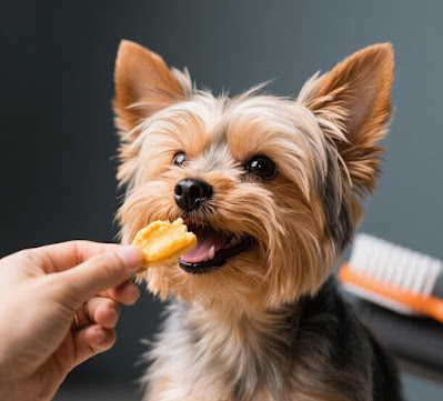 Small dog happily receiving a treat after teeth brushing session,