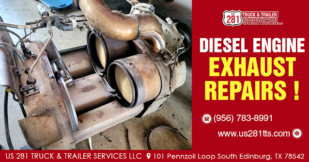 Fixing engine exhaust issues in commercial trucks at our truck repair shop in Edinburg, South Texas.