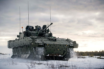 An Ajax armoured fighting vehicle during cold weather system trials at Tame Ranges in Sweden between February and March 2019