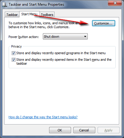 Customize start menu