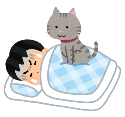 無料イラスト かわいいフリー素材集 睡眠中に猫に乗られる人のイラスト 男性